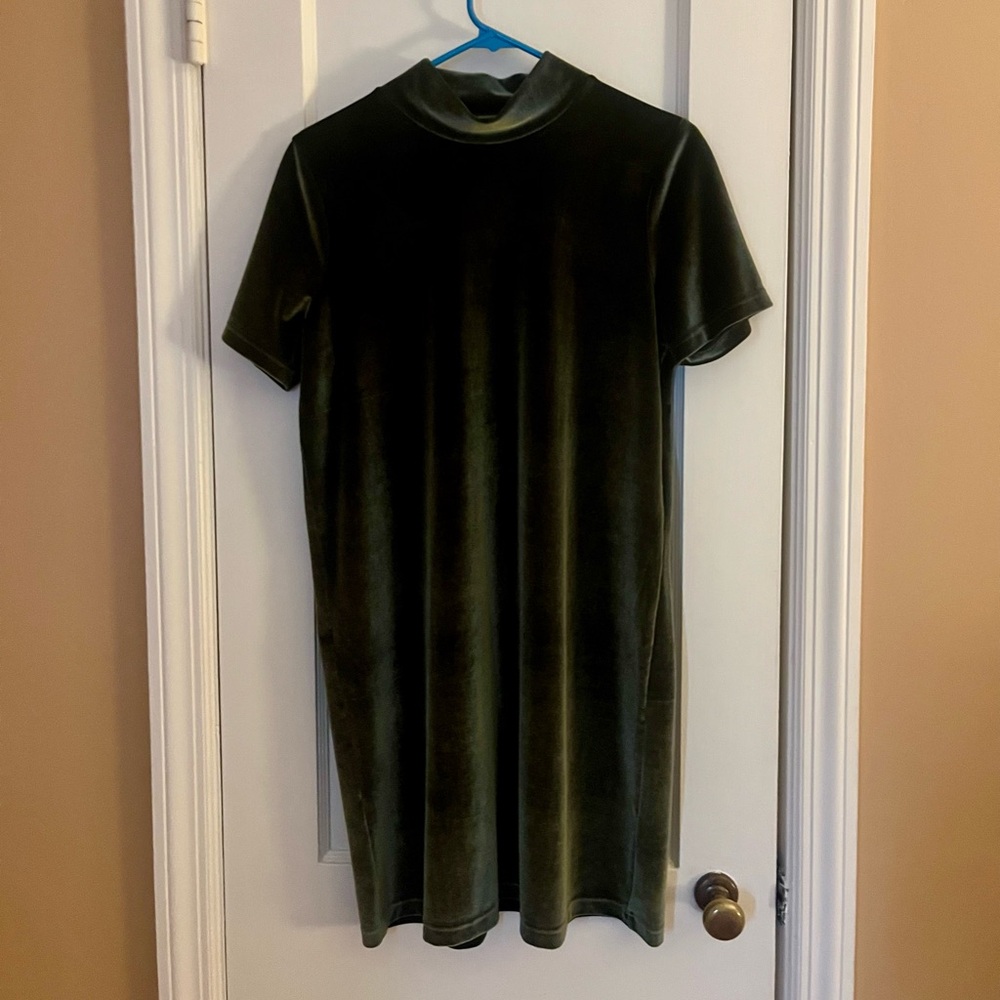 Madewell Olive Velvet Mini Mock Neck Shift Dress Sz M - Picture 2 of 3